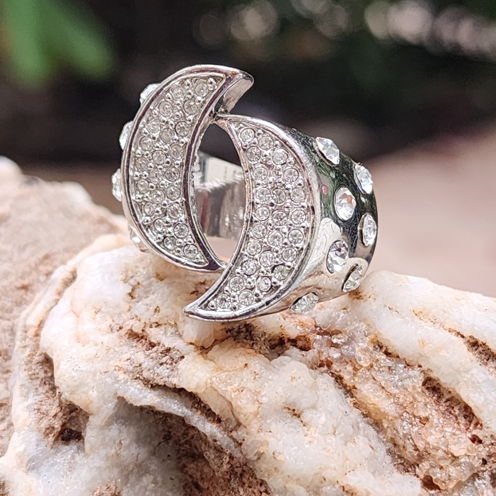 Statement Silver Ring White Crystals Macy's 2 Moon Cocktail Ring - Picture 10 of 15